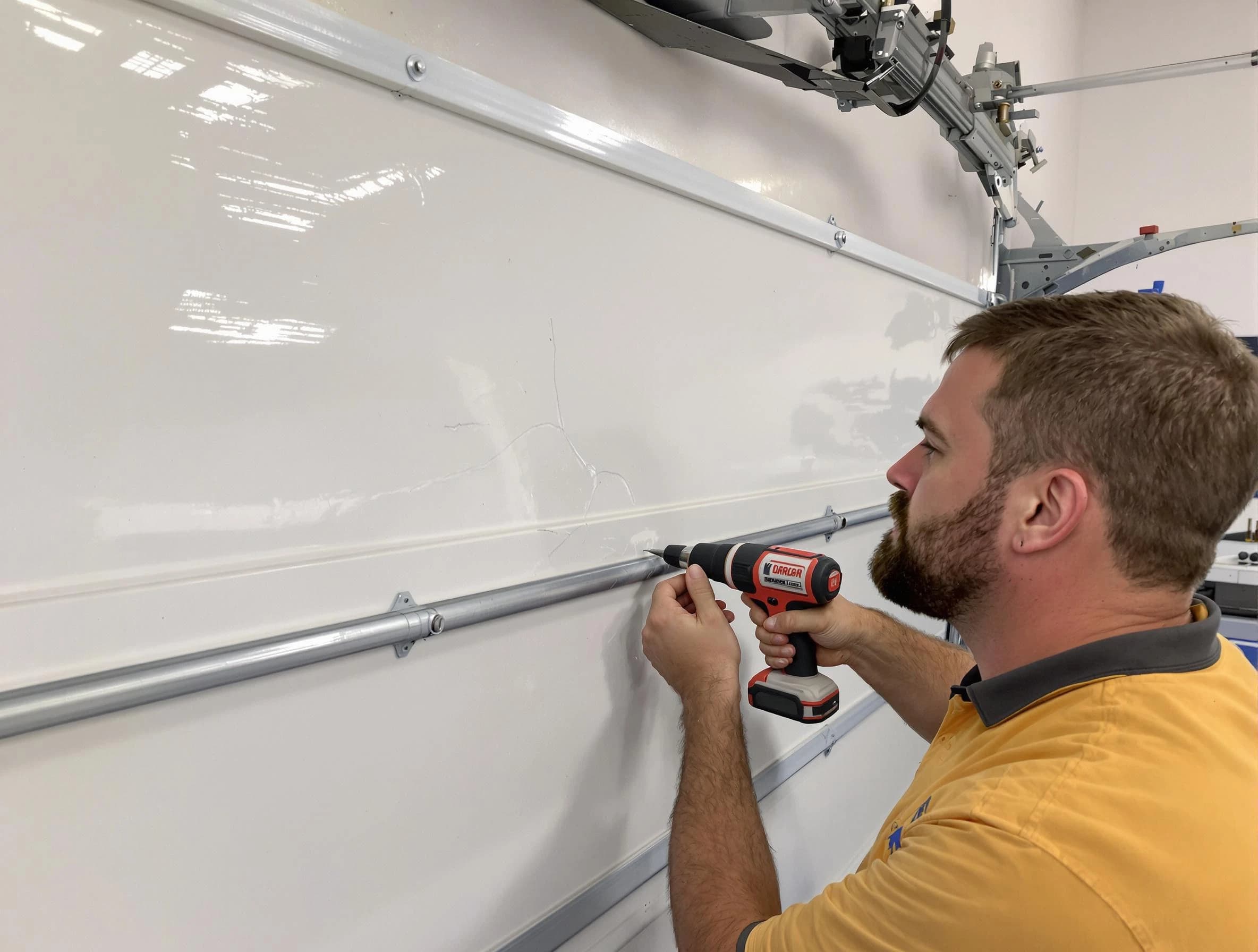 Manchester Garage Door Repair expert performing dent repair on garage door in Manchester